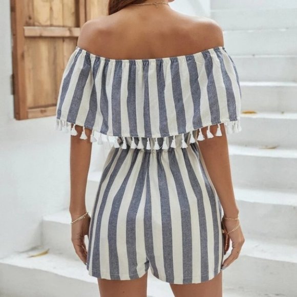 Striped Fringe Trim Off shoulder Bardot Mini Striped Print Romper - Picture 4 of 7